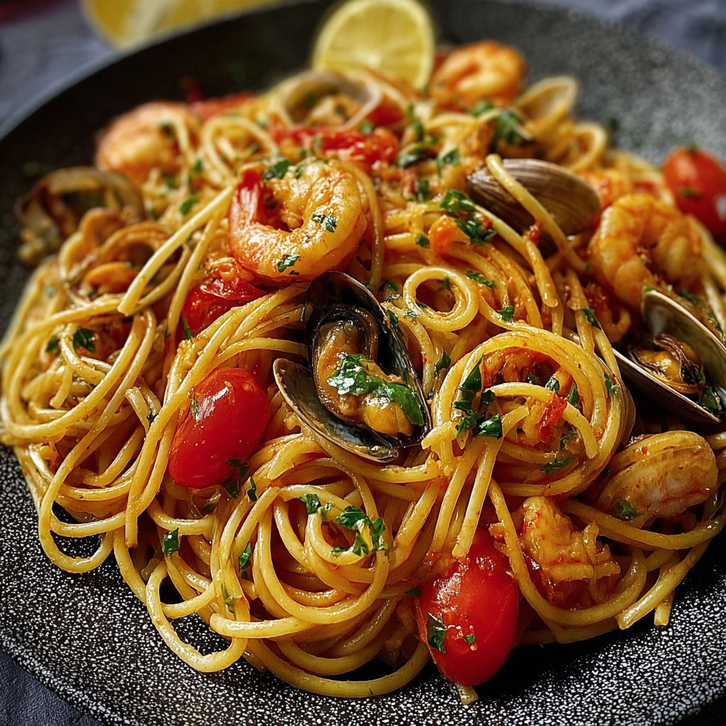 Une plate de spaghetti allo scoglio, avec des tomates, des clams et des oignons.