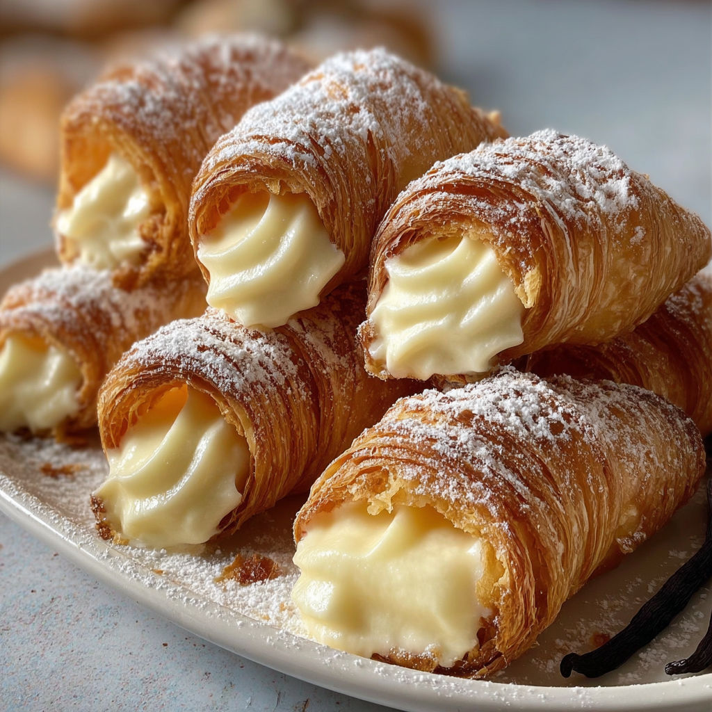 Une plaque de cornets de pâte feuilletée garnis de crème pâtissière.