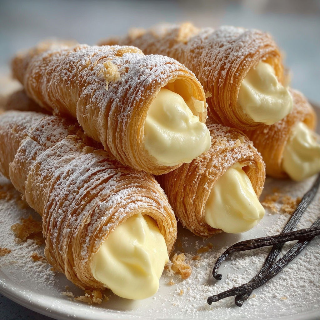 Plate of cornets de pâte feuilletée garnis de crème pâtissière.