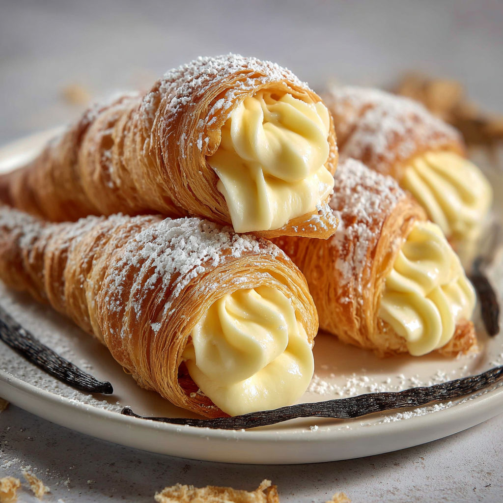 Des cornets de pâte feuilletée garnis de crème pâtissière, délicieux et sucrés, sont présentés sur un plateau.