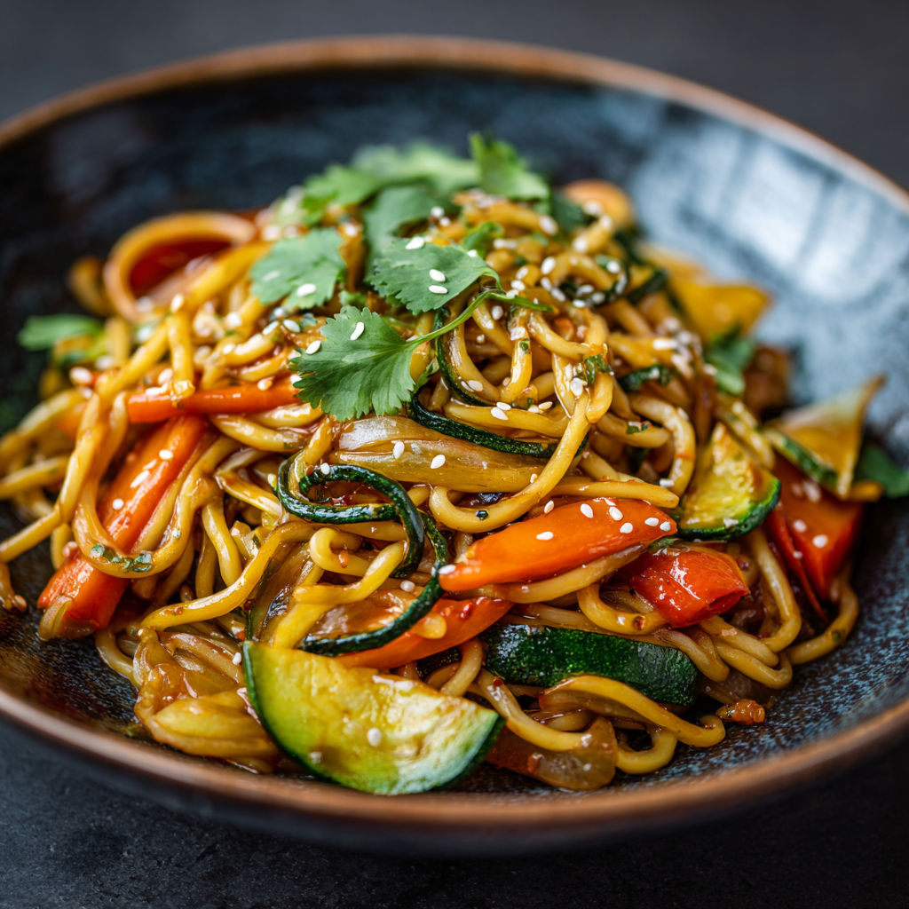 Une assiette de nouilles sautées aux légumes, y compris des carottes, des zucchini et des légumes verts.
