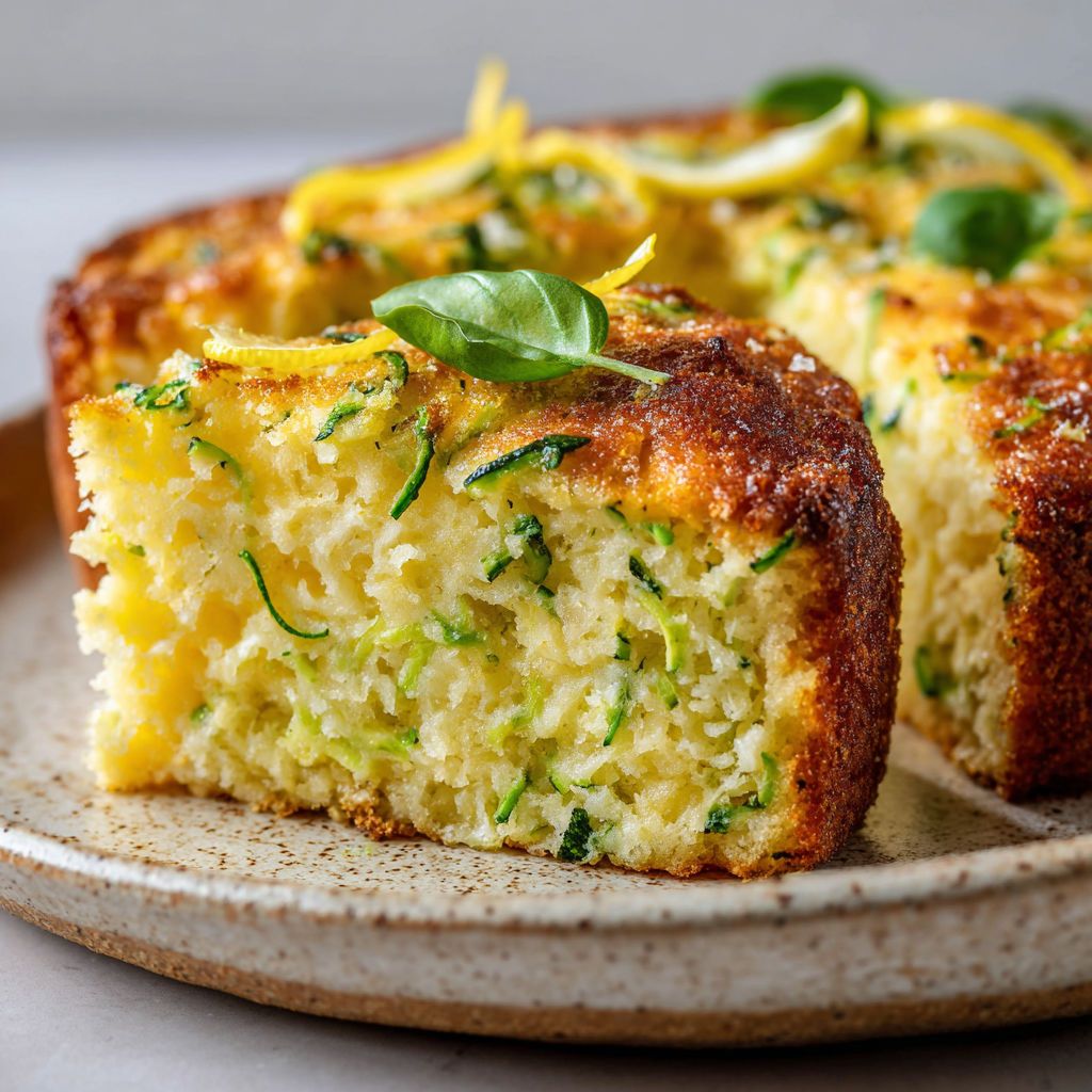 Une portion de gâteau moelleux avec des courgettes, ricotta et citron.