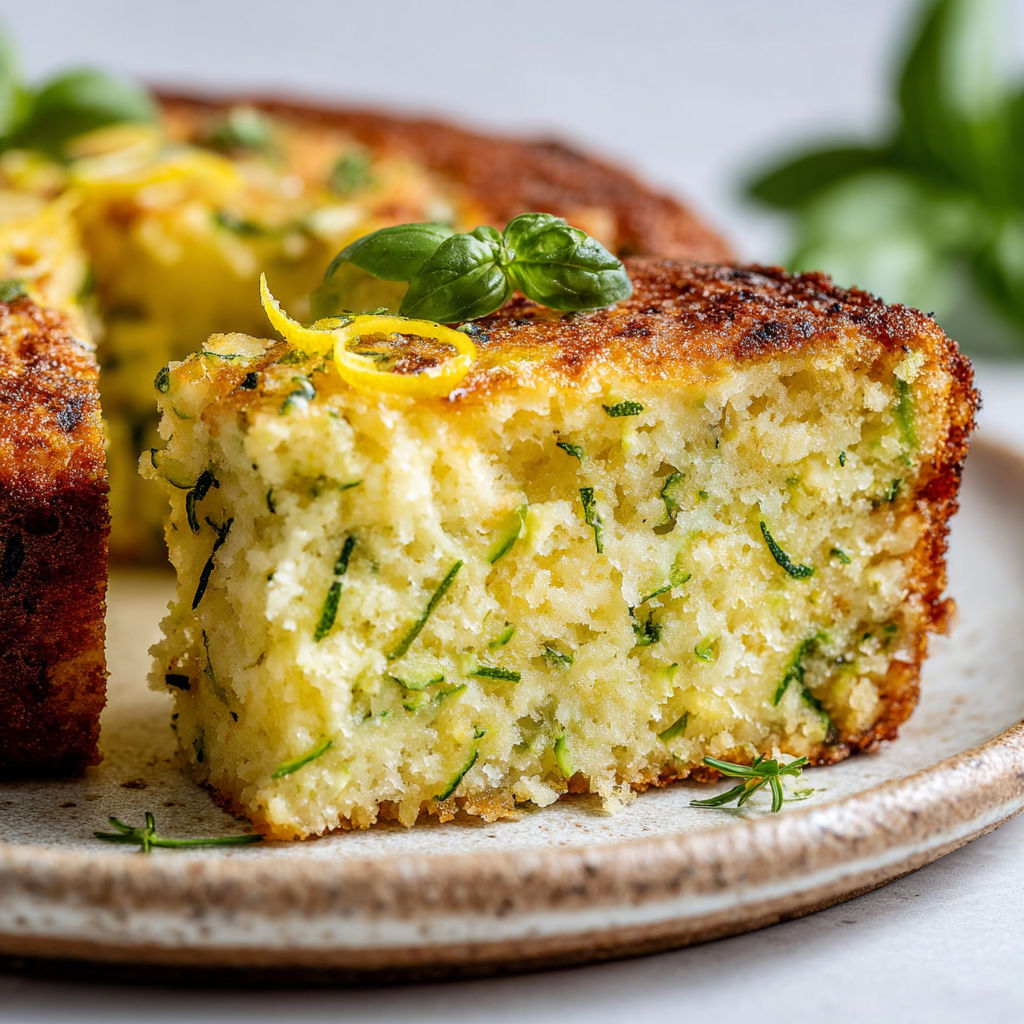 Une pièce de gâteau moelleux avec des courgettes, ricotta et citron.