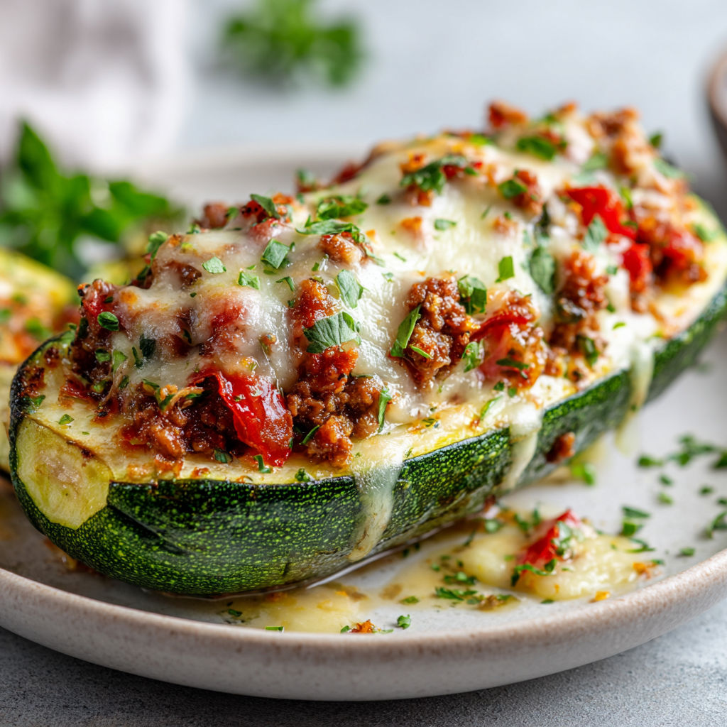 Une courgette farcie de viande chère et de fromage, servie sur un plateau.