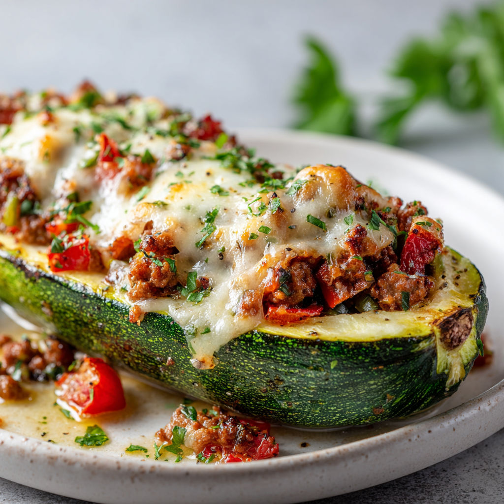 Une courgette farcie de viande et de fromage, accompagnée de salade verte.