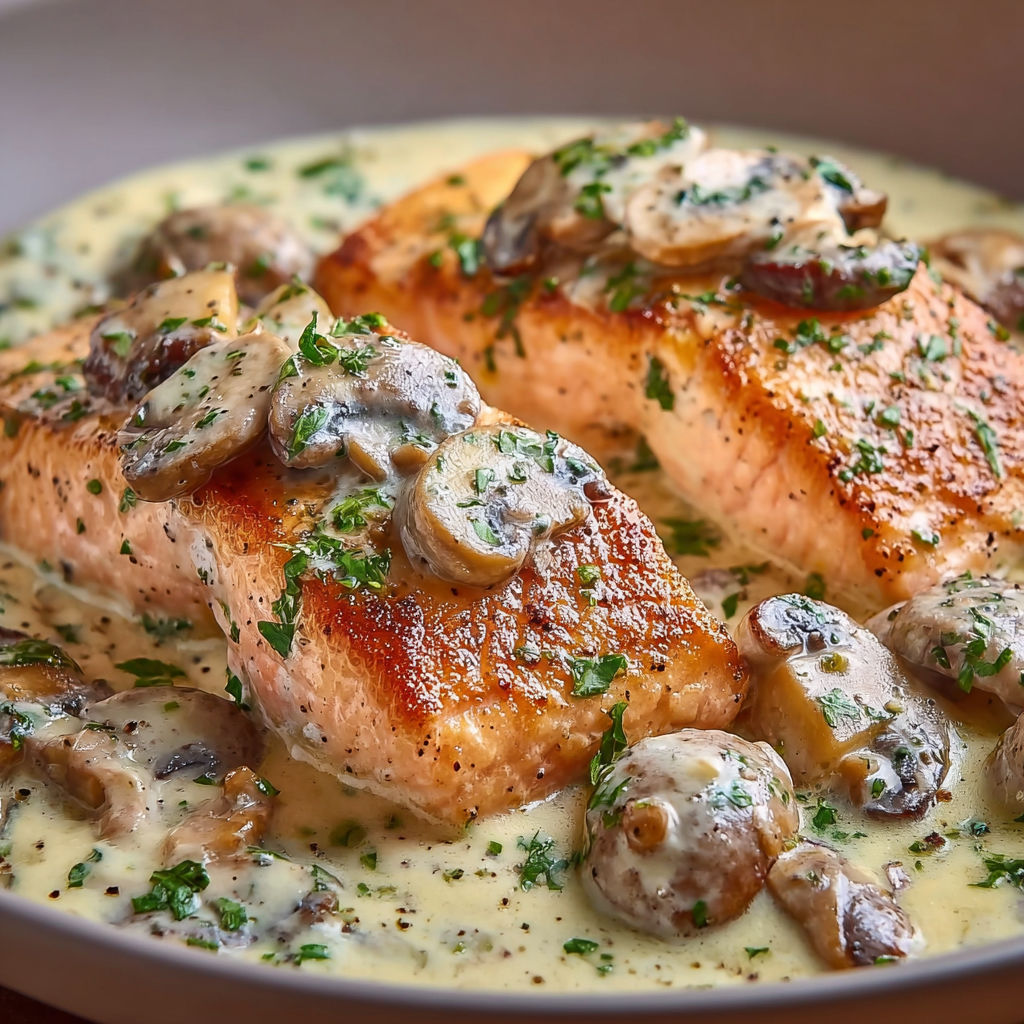 Salmon en sauce au mushroom et herbes" - Salmon cooked in a creamy sauce with mushrooms and herbs.