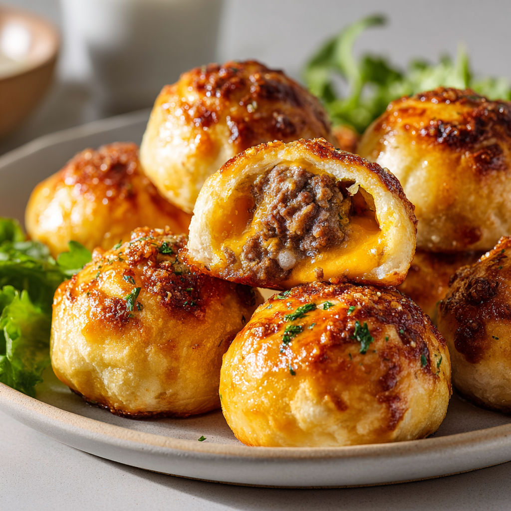 Plate of cheeseburger stuffed breads with parmesan and ail.