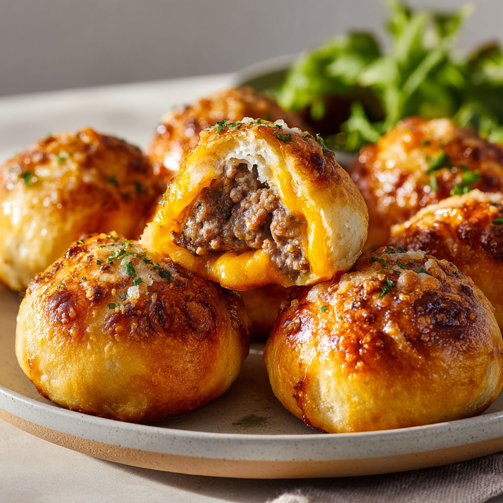 Plate of cheeseburger balls with parmesan and a green herb.