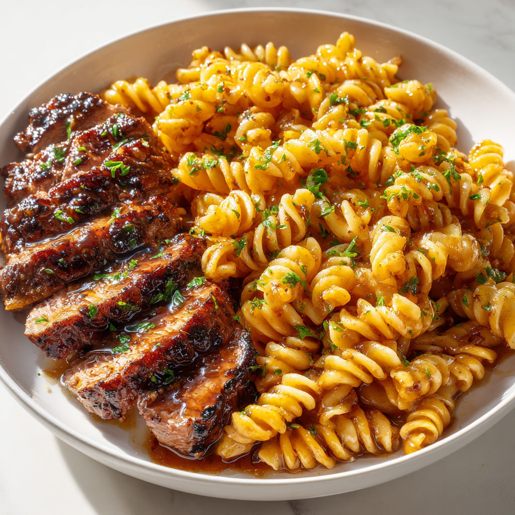 Une assiette de macaroni et de viande grillée.