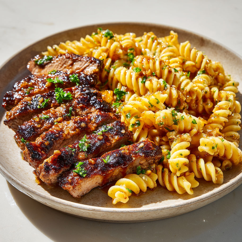 Une viande grillée accompagnée de macaronis et de herbes.