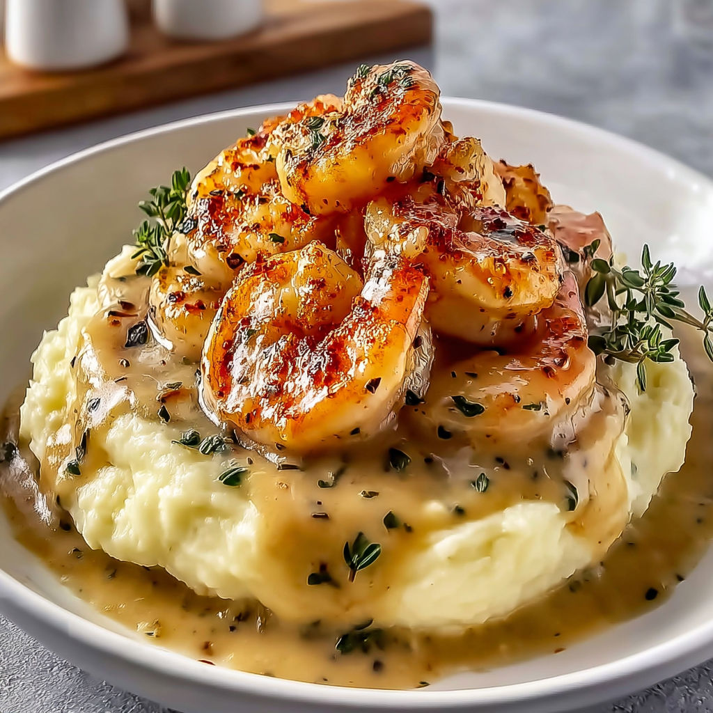 Une assiette de Crevettes à l'Ail Crémées sur Purée de Pommes de Terre.