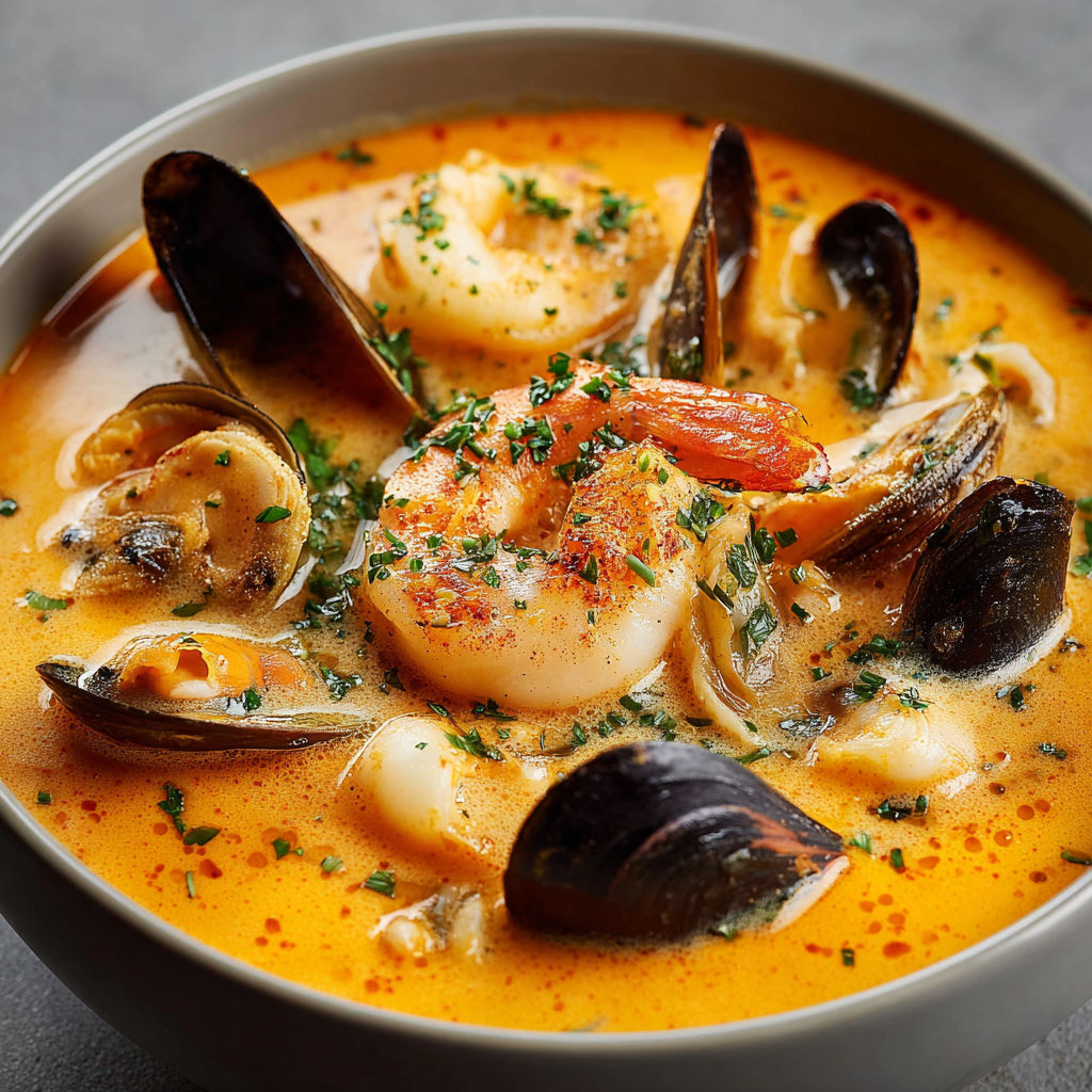 Une soupe crémeuse aux fruits de mer, avec des moules, des moules et des épinards, est servie dans un bol.