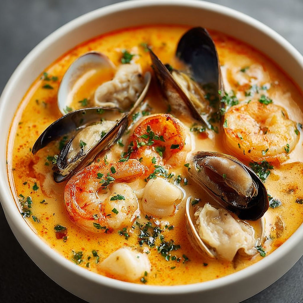 La Soupe Crémeuse aux Fruits de Mer est un plat délicieux et savoureux, composé de moules, de crustacés et de légumes.