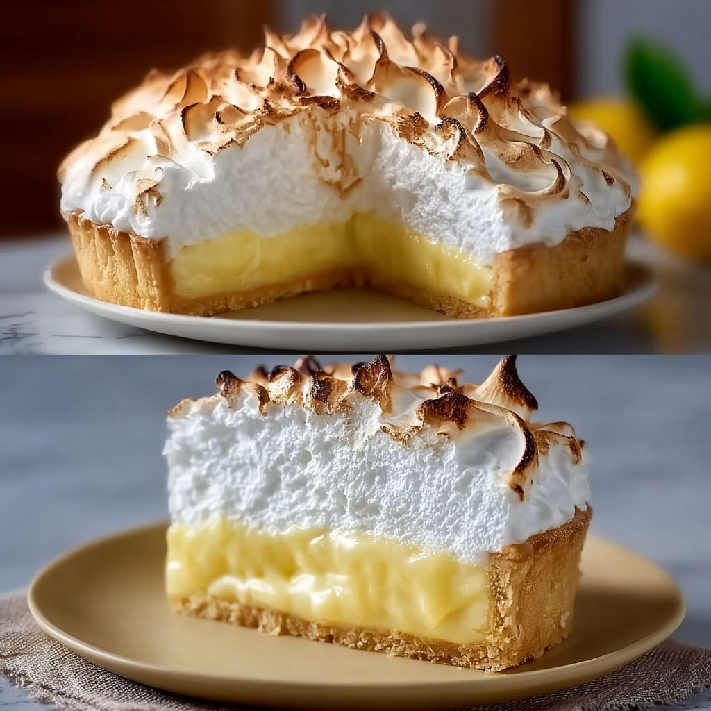 Une photo de gâteau au citron meringué, avec une partie coupée et une autre intacte, sur un plateau.