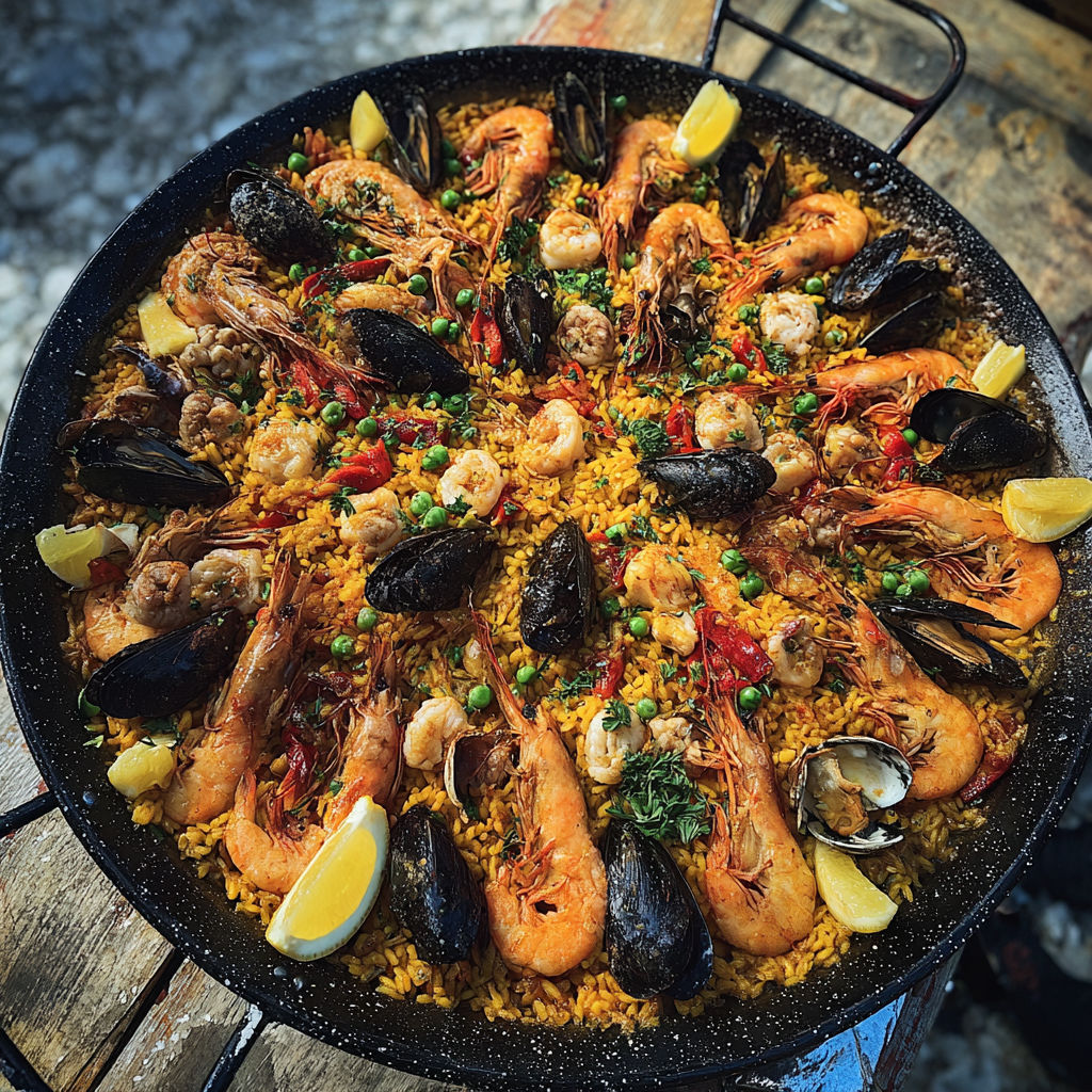 Une recette de paella avec des fruits de mer et des légumes.