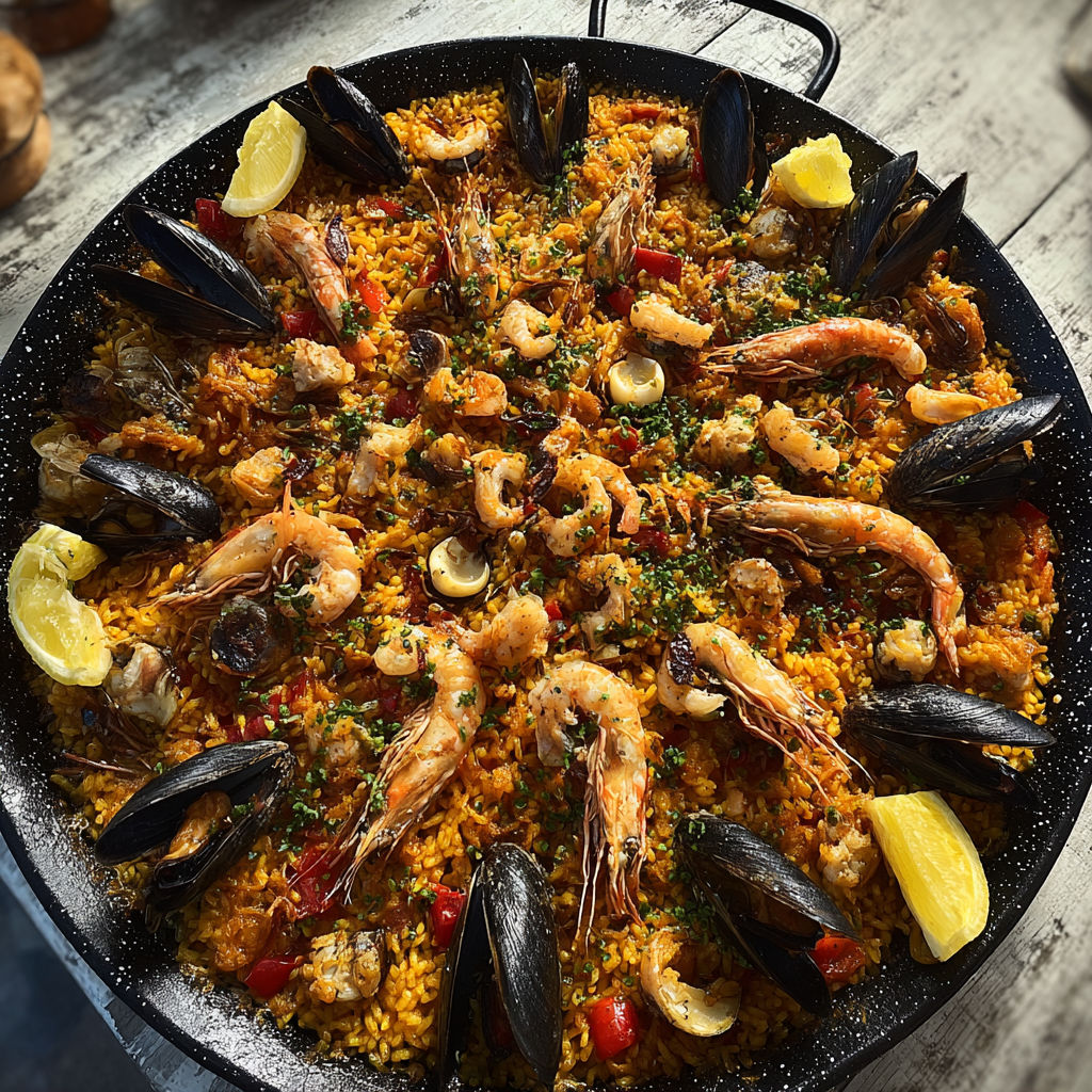 Une recette de paella avec des moules, des tomates, des oignons et des épinards.
