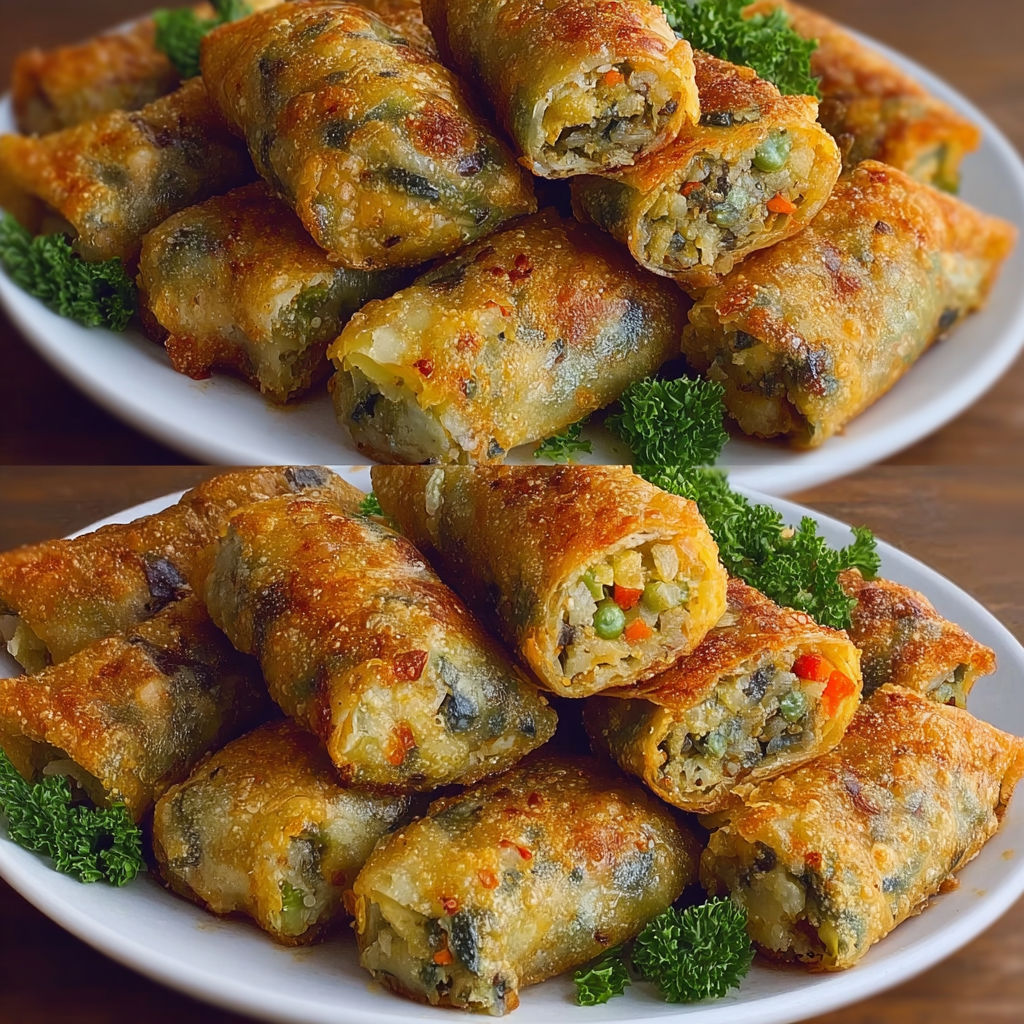 Une assiette de briouates croustillantes farcies aux légumes, avec des légumes tels que des carottes et des poivrons, est servie sur un plateau.
