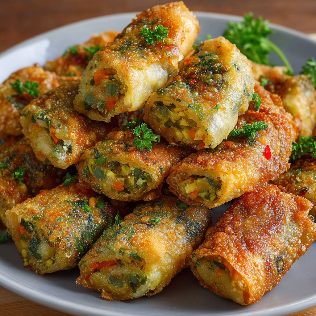 Une assiette de briouates croustillantes farcies aux légumes est servie sur une table.