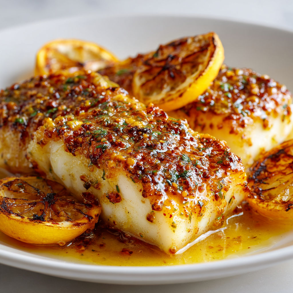 Une poisson grillé avec des citrons et des herbes, accompagné de sauce.
