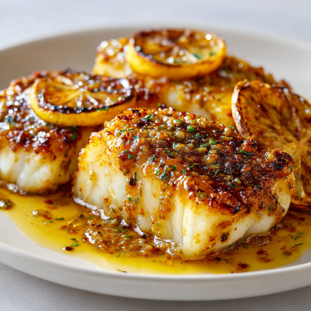 Une poêlée de poissons grillés avec des citrons et des herbes.