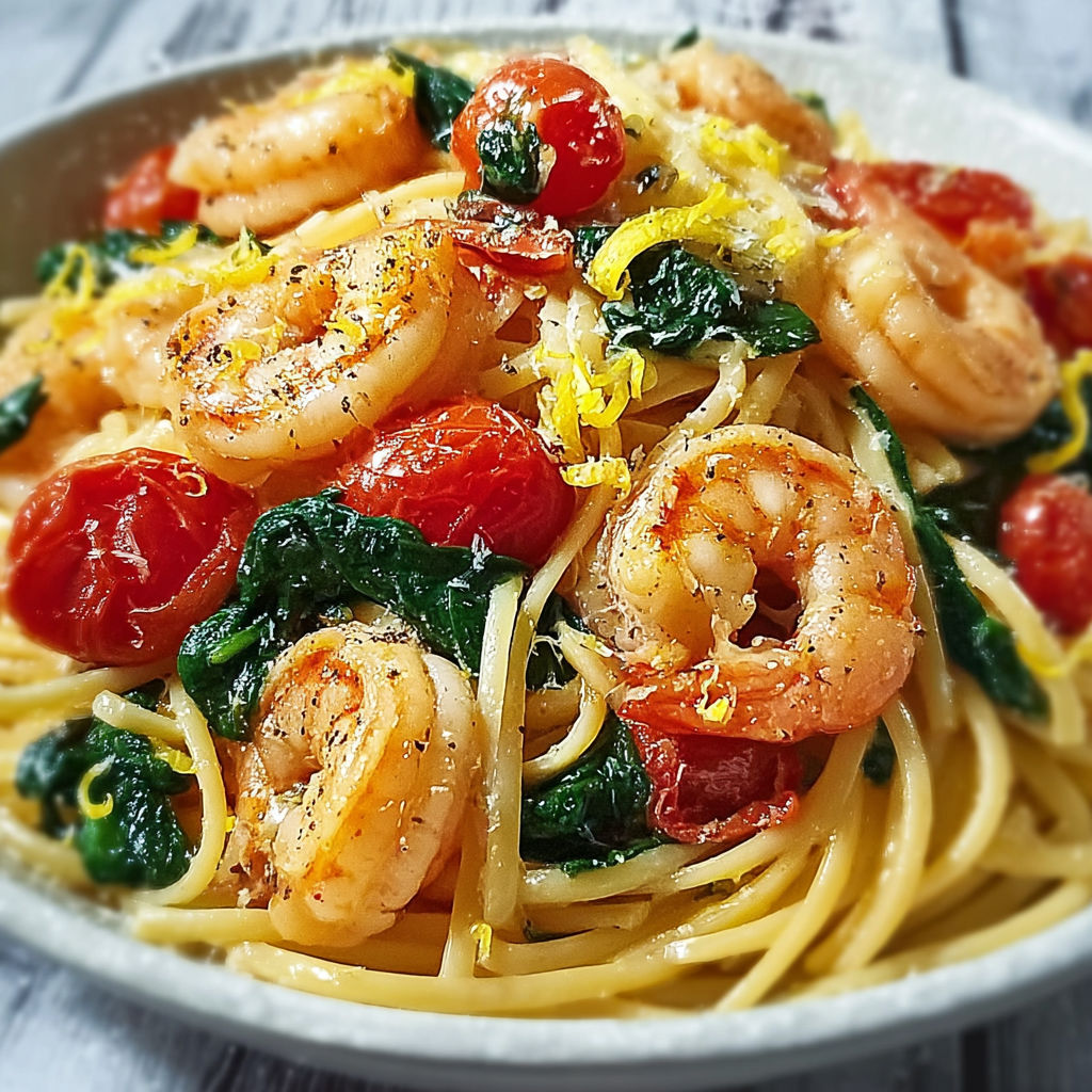 Une assiette de pâtes aux crevettes, tomates et épinards, sauce au beurre à l'ail.