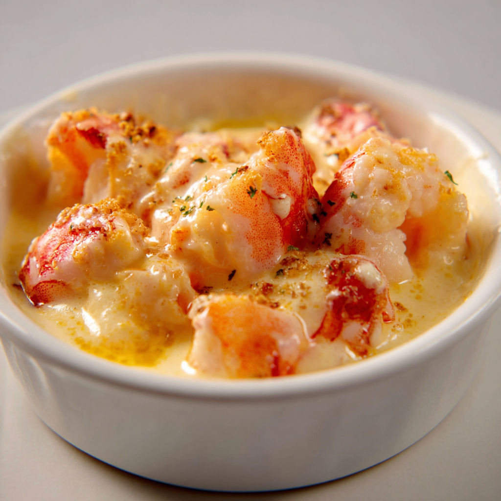 Une soupe de langoustines et de croutons dans un bol.