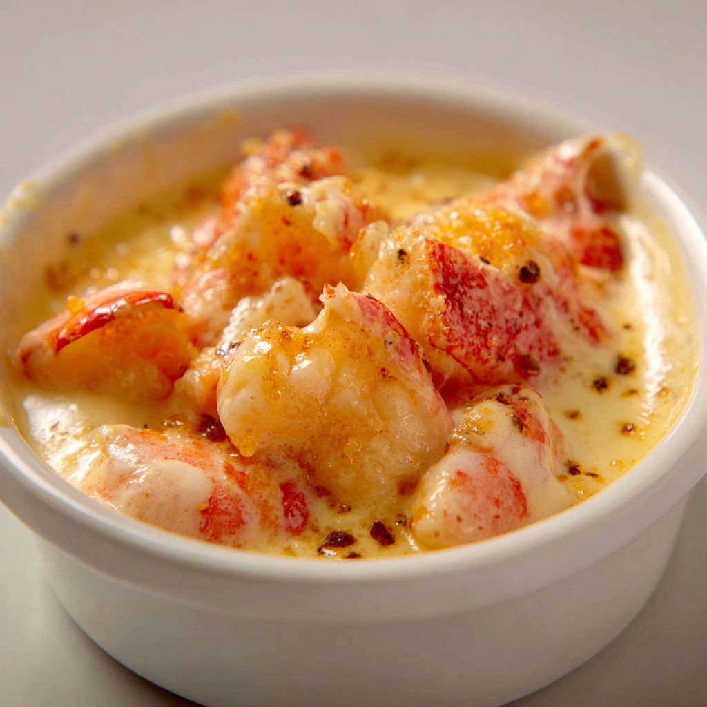 Une soupe de langoustines et de creme dans un bol.