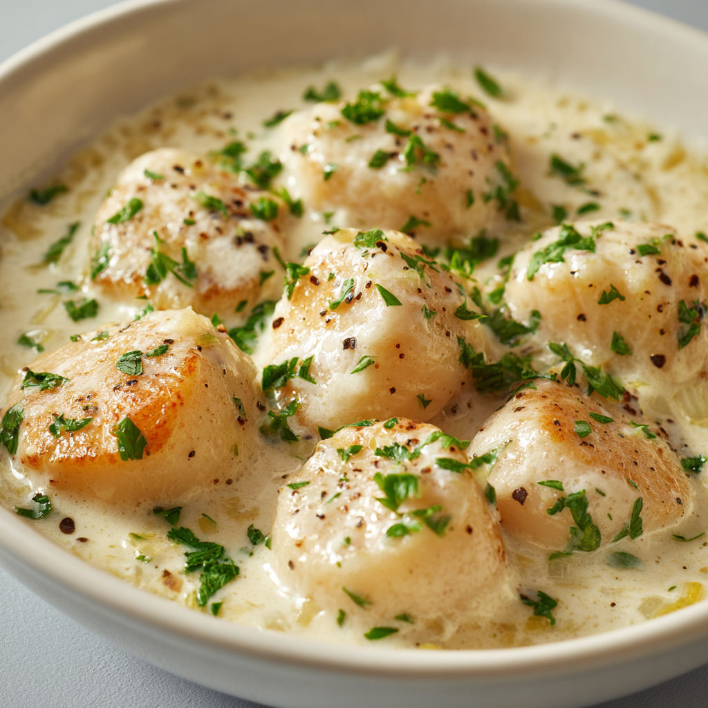 Une soupe de coquilles Saint-Jacques avec des herbes fraîches.