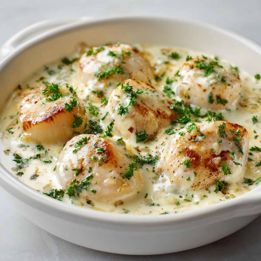 Une casserole de coquilles Saint-Jacques avec des herbes et des légumes.