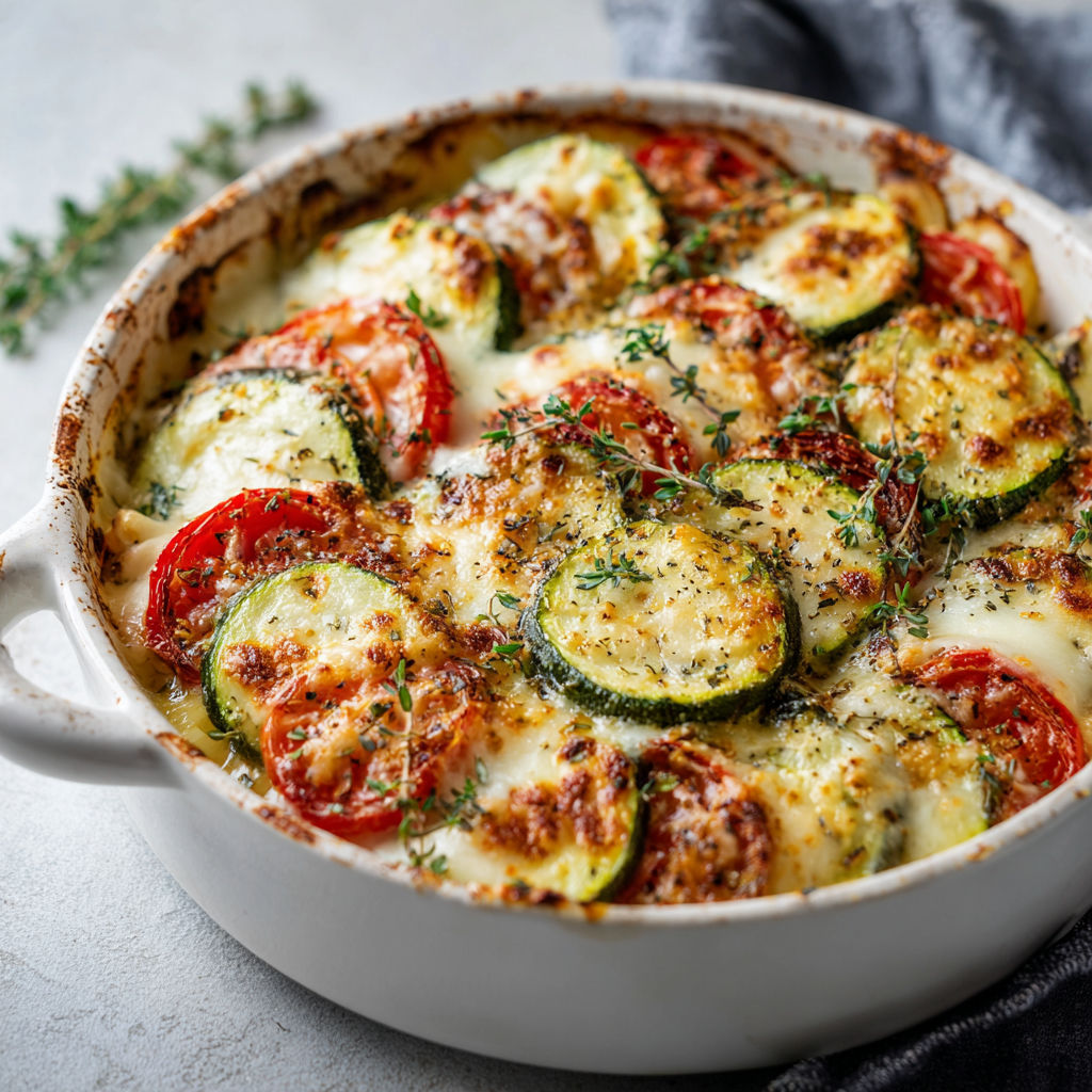 Une recette de casserole de courgettes et de tomates, servie dans un bol en céramique.