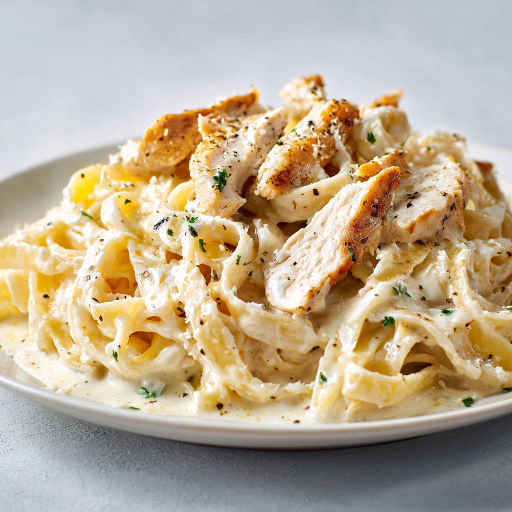 Une plate de spaghetti avec des morceaux de poulet et des herbes.