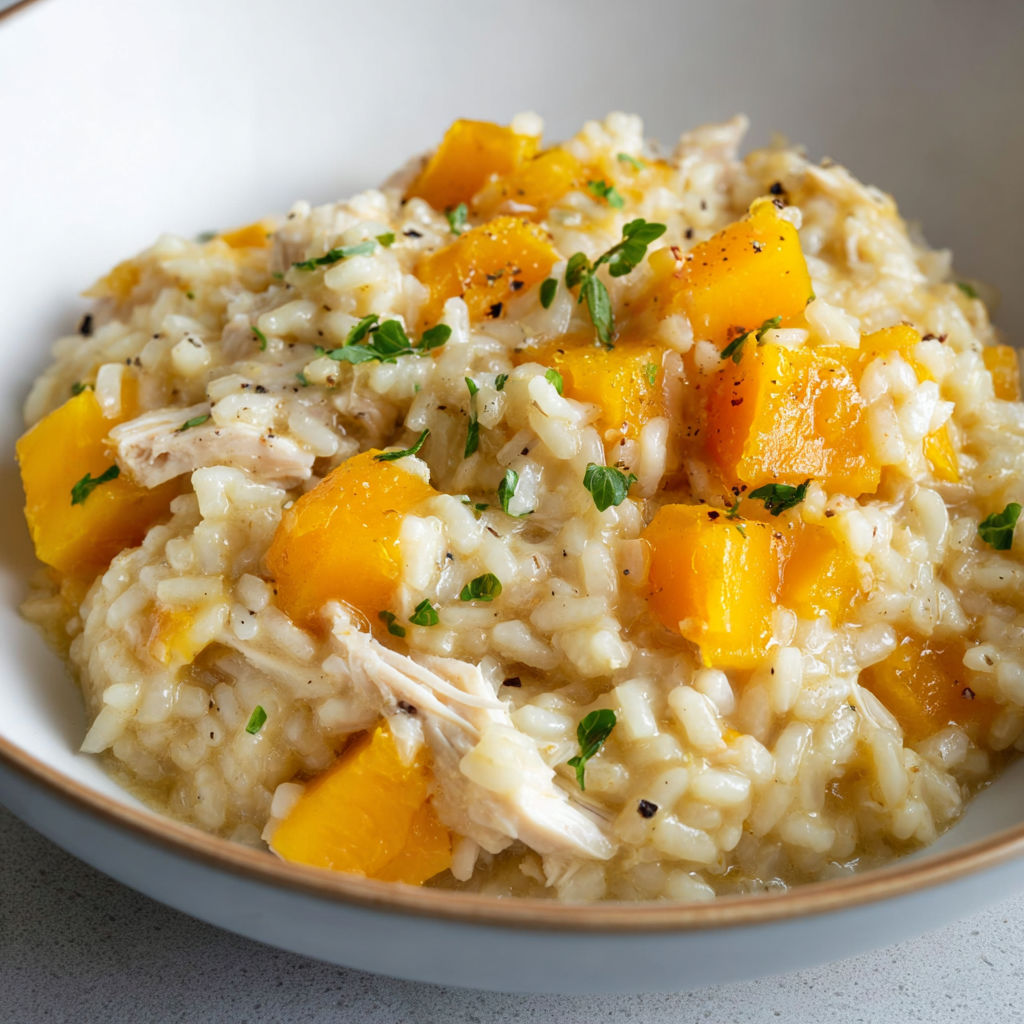 Risotto au poulet et à la courge, une recette savoureuse et délicieuse, est servie dans un bol en porcelaine.