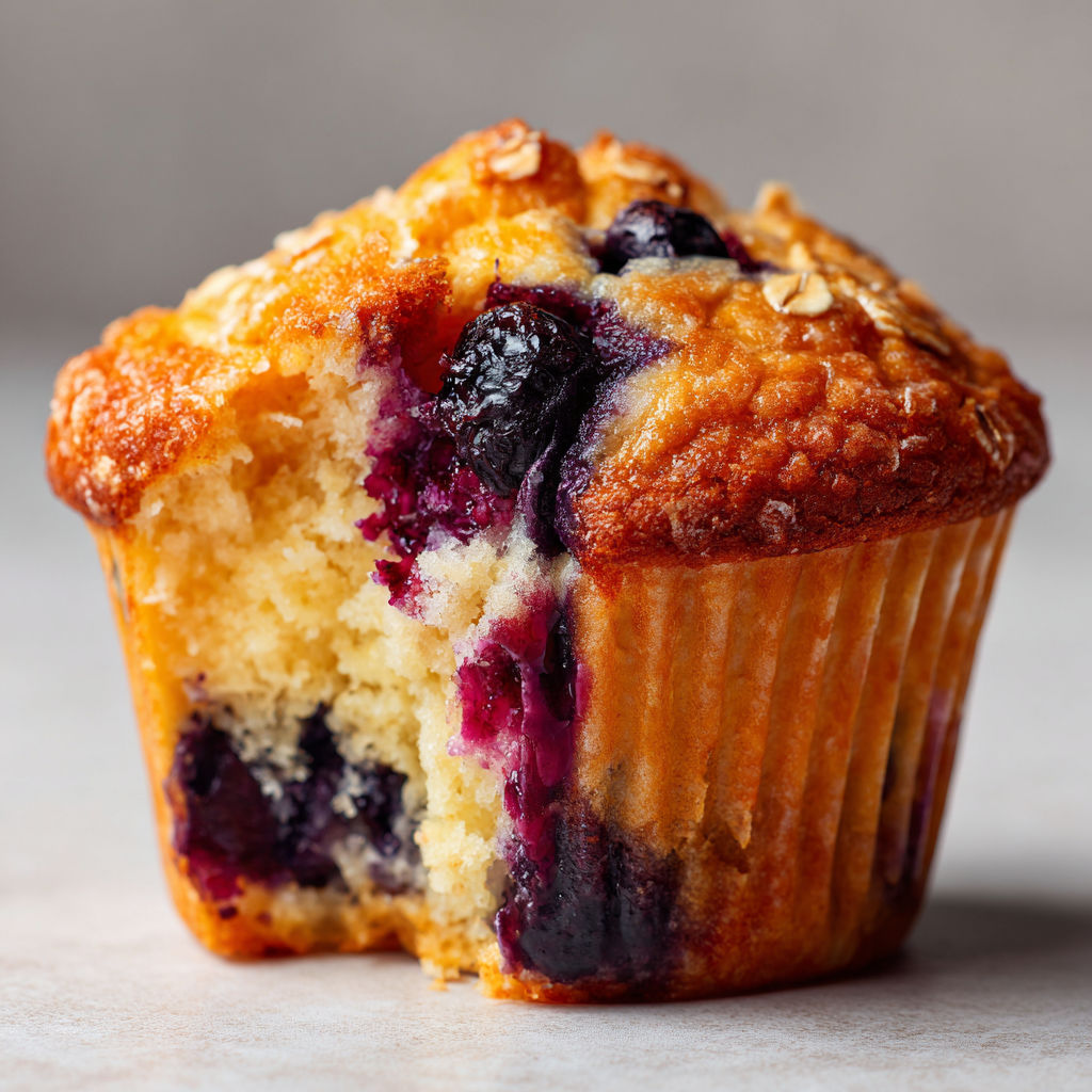 Une tranche de muffin aux bleuets, avec une part de beurre visible.
