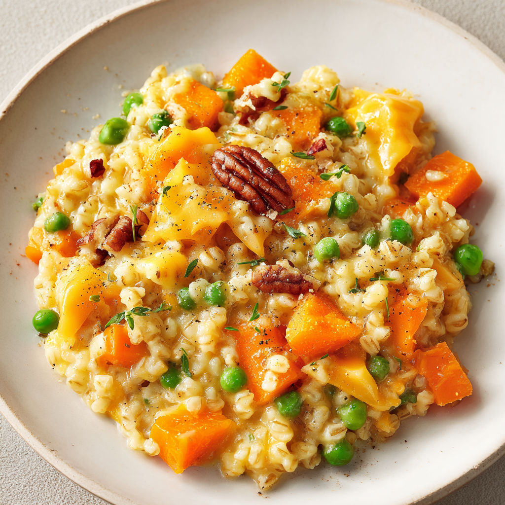 Une assiette de casserole d'orge aux légumes et au cheddar, avec des légumes tels que des carottes et des pois, est servie sur une table.
