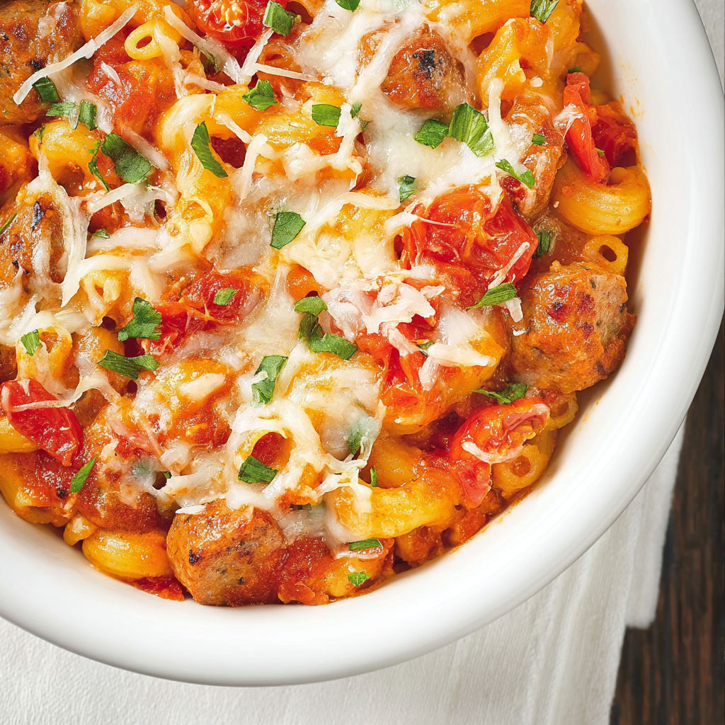 Une recette de macaroni et sauce tomate avec des boulettes de viande.