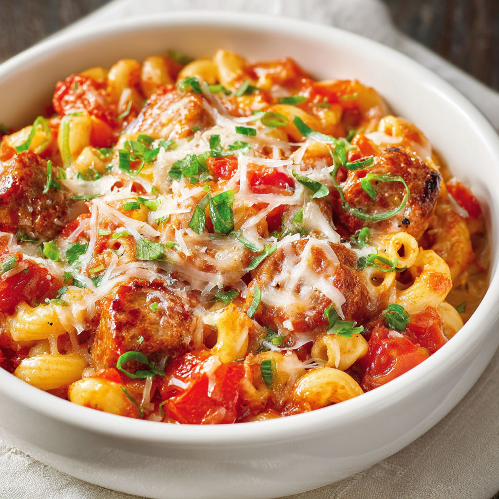 Une recette de macaroni et sauce tomate avec des boulettes de viande.