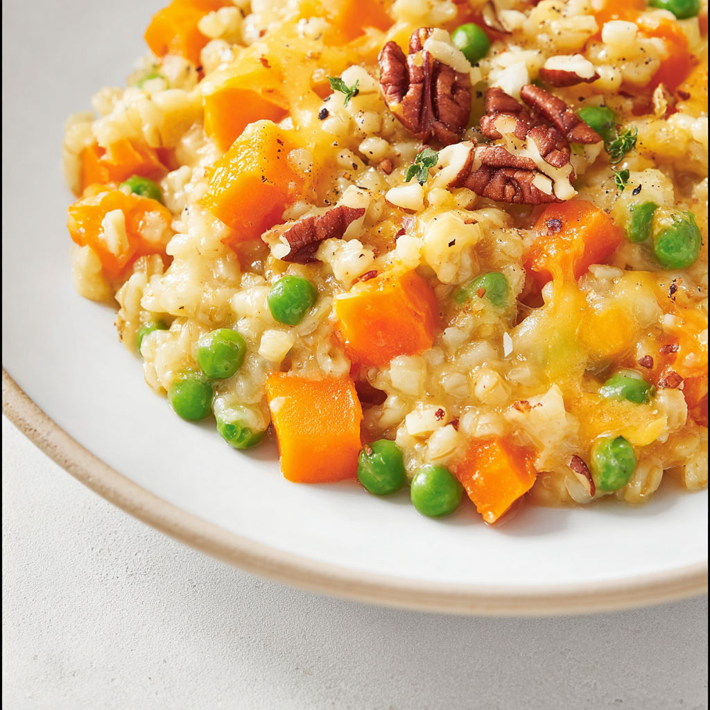 Casserole d'orge aux légumes et au cheddar, avec des légumes tels que des carottes et des pois, ainsi que du cheddar.