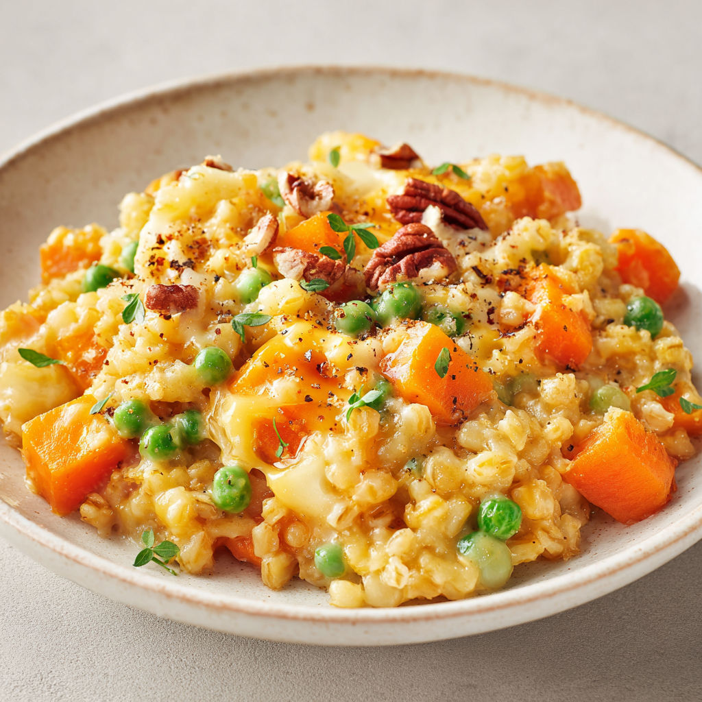 Casserole d'orge aux légumes et au cheddar, avec des carottes et des pois, est servie dans un bol sur une table.