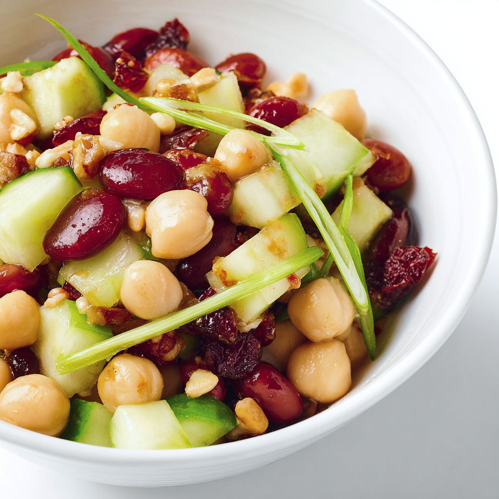 Une salade de fruits et légumes, avec des pois chiches, des tomates cerises, des cucumbers, des raisins, des noix et des épinards, dans un bol blanc.