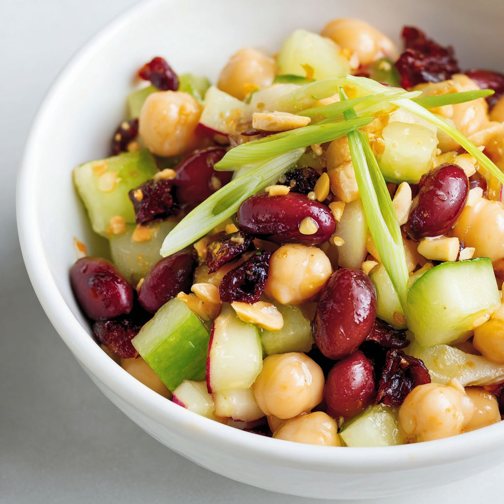 Une salade de chickpeas, de cucumbers, de tomates cerises et de raisins secs, servie dans un bol blanc.