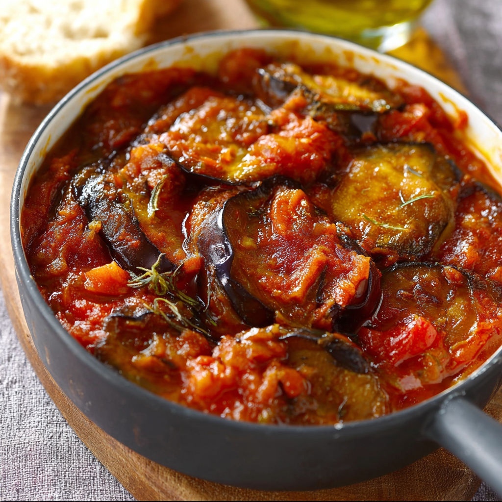 Une casserole d'aubergines à la sauce tomate est servie sur une table.