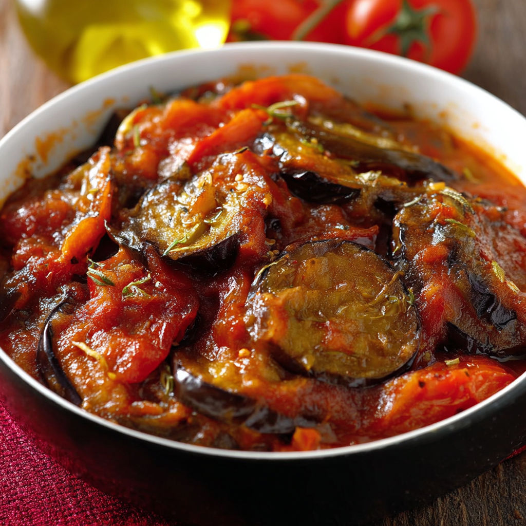 Une recette de ravioli aux tomates et aux aubergines est servie dans un bol en verre.