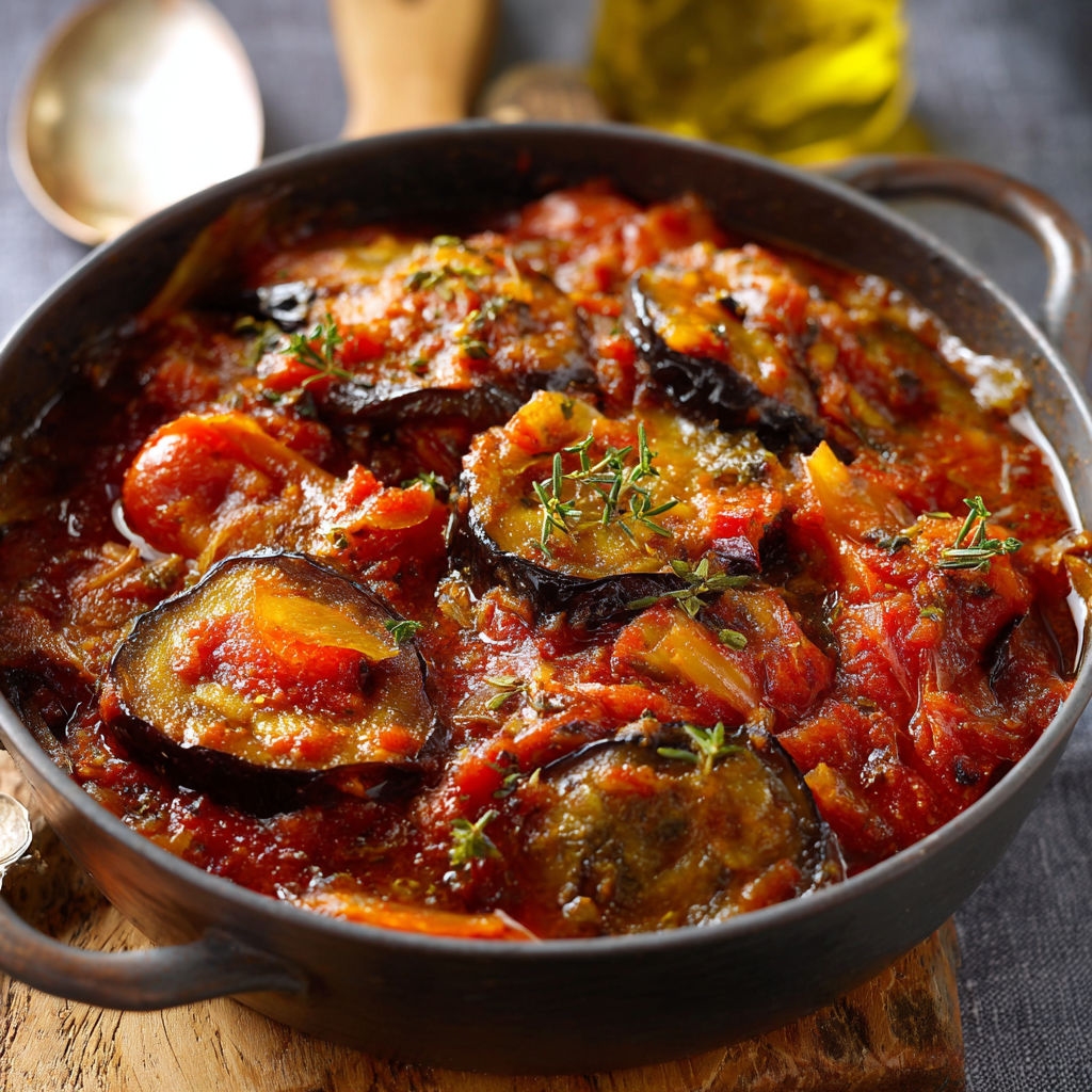 Une recette de sauce tomate et aubergine est servie dans un bol en métal.