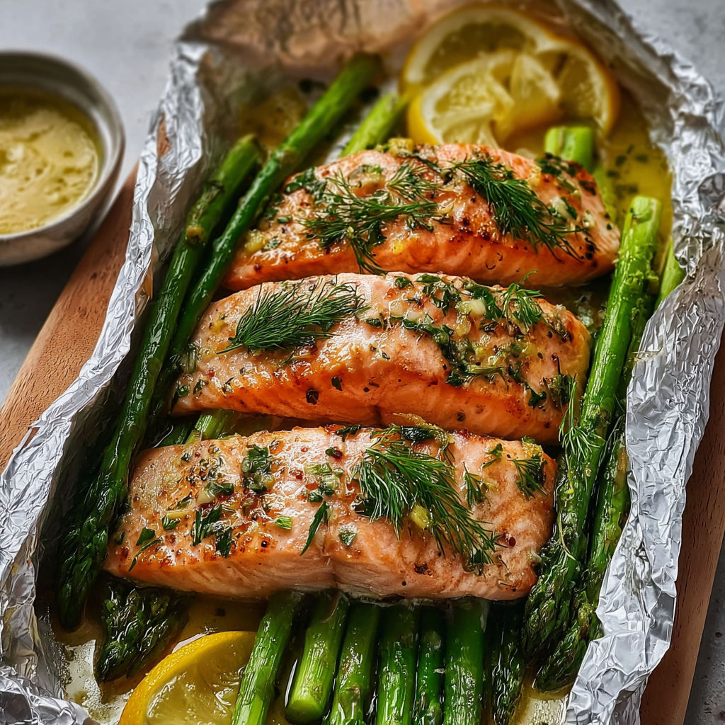 Saumon au four en papillote avec asperges (rapide et sain) - Saumon grillé avec des asperges et une sauce au citron.