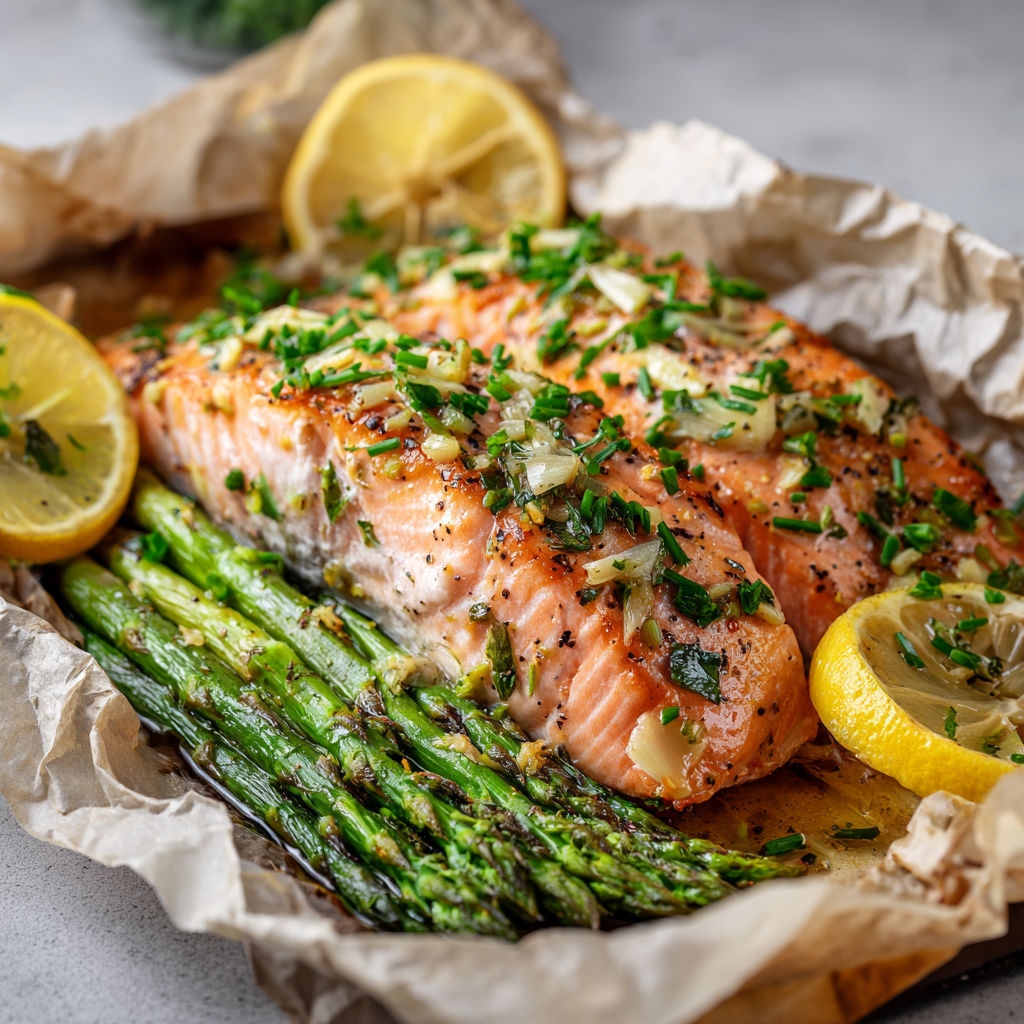 Un poisson grillé avec des légumes verts et des citrons.