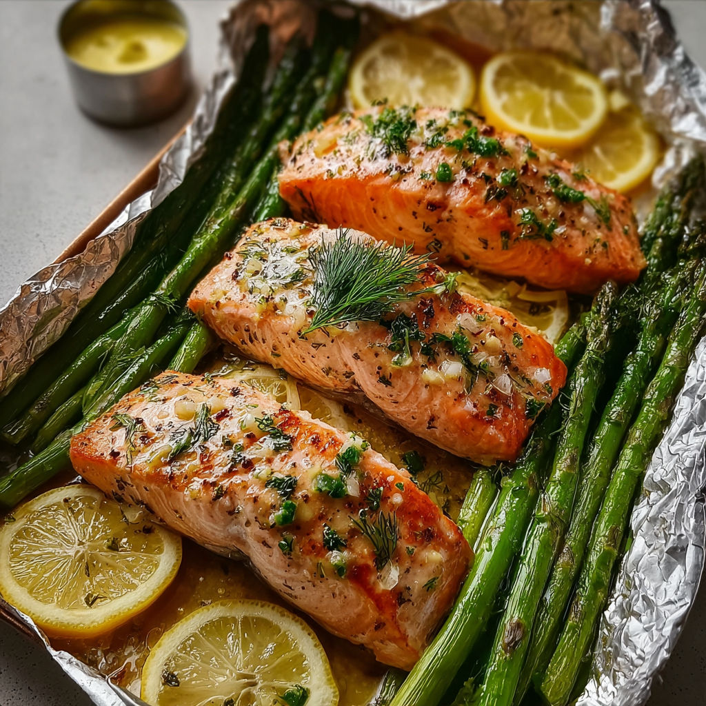 Salmon grillé avec des légumes verts et des citrons.