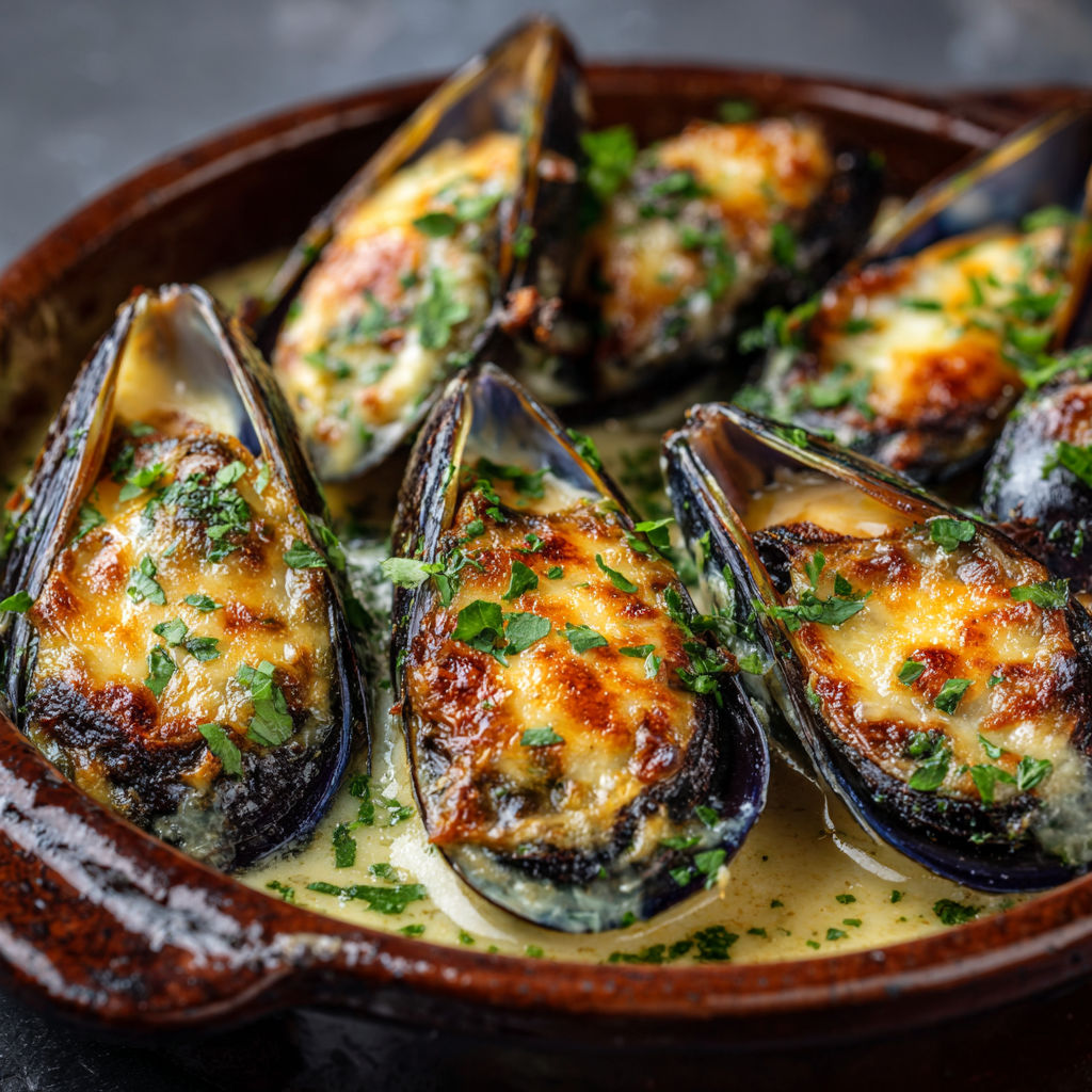 Un plat de moules farcies avec une sauce au fromage et des herbes.