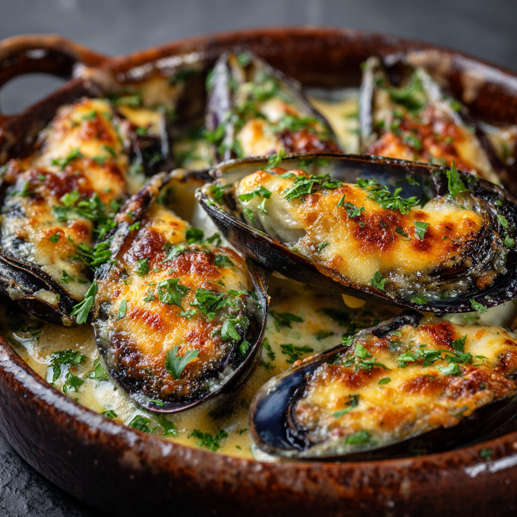 Une casserole de moules et de fromage, servie dans un bol en terre.