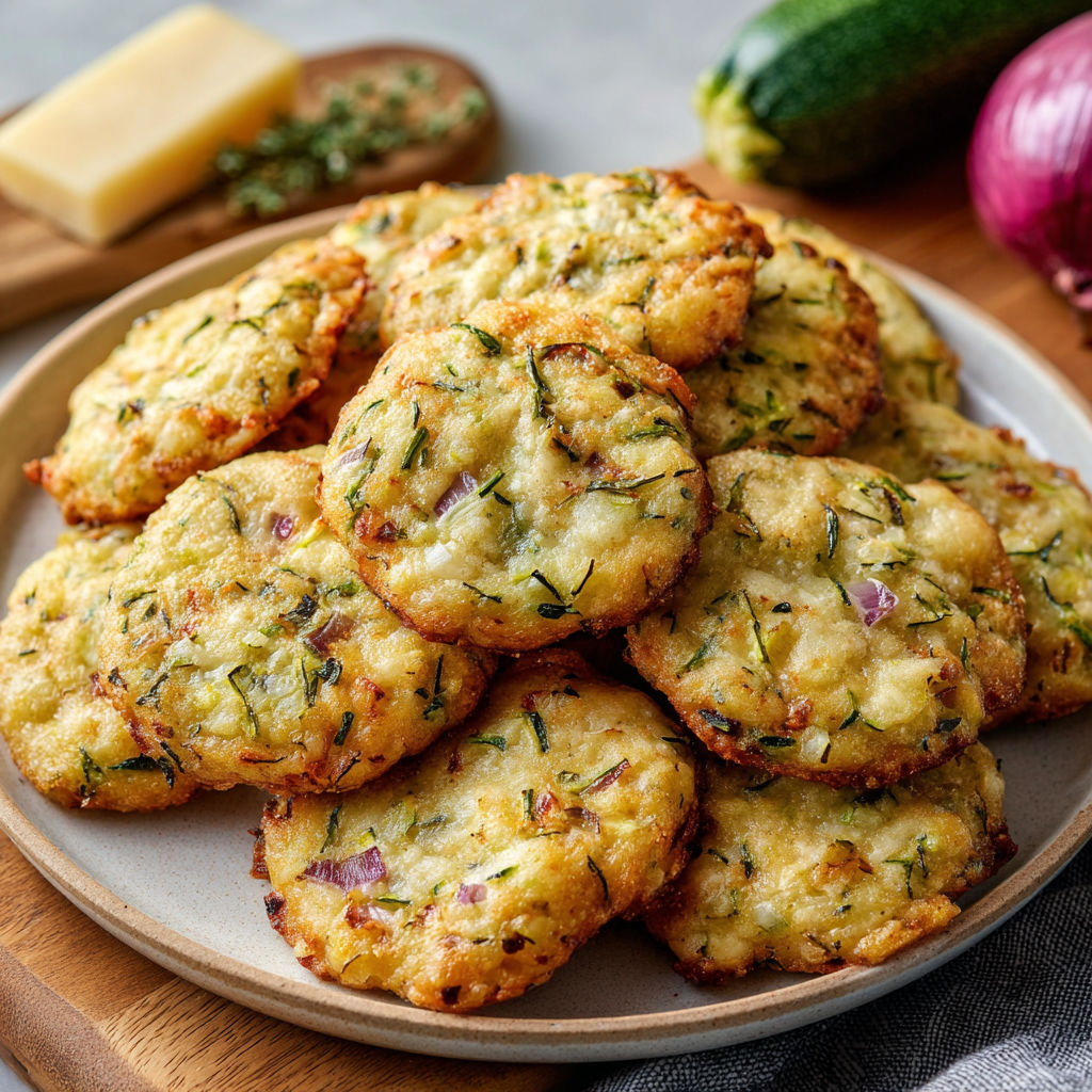 Une pile de patties de pommes de terre avec des herbes et du fromage sur un plateau.
