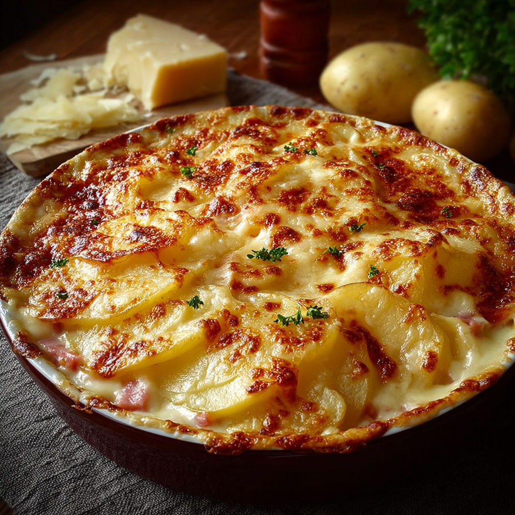 Une tarte aux pommes et au fromage, avec des pommes et du fromage sur le dessus.